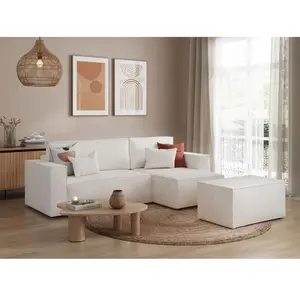 LOUNGITUDE Canapé d'angle réversible avec pouf en tissu bouclette - Blanc pas cher