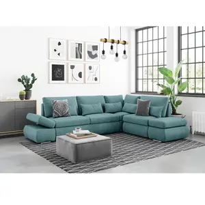 LOUNGITUDE - Canapé d'angle rév Convertible Velours cotelé Bleu Clair