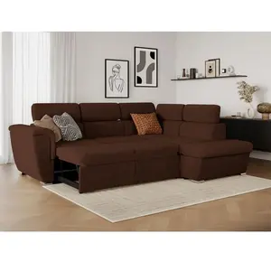 LOUNGITUDE Canapé d'angle droit convertible avec coffre en velours côtelé marron pas cher