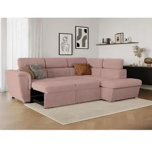 LOUNGITUDE Canapé d'angle droit convertible avec coffre en velours côtelé rose pas cher
