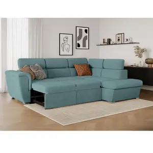 LOUNGITUDE Canapé d'angle droit convertible en velours côtelé bleu clair pas cher