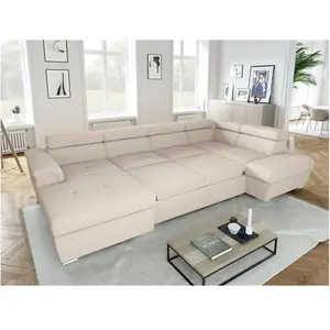 LOUNGITUDE Canapé panoramique convertible avec 2 coffres en velours côtelé beige pas cher
