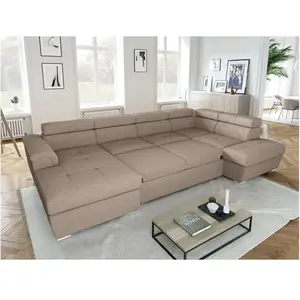 LOUNGITUDE Canapé panoramique convertible avec 2 coffres en velours côtelé taupe pas cher