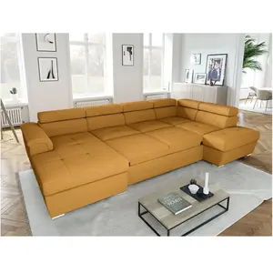 LOUNGITUDE Canapé panoramique convertible avec 2 coffres en velours côtelé jaune