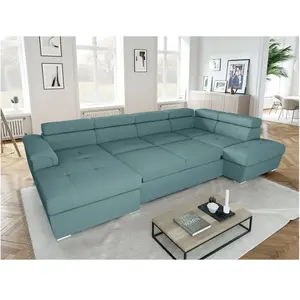 LOUNGITUDE Canapé panoramique convertible 2 coffres en velours côtelé bleu clair pas cher