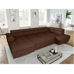 LOUNGITUDE Canapé panoramique convertible avec 2 coffres en velours côtelé marron pas cher