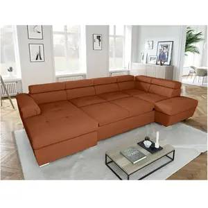 LOUNGITUDE Canapé panoramique convertible 2 coffres en velours côtelé terracotta pas cher