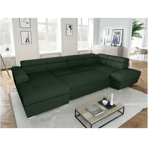 LOUNGITUDE Canapé panoramique convertible 2 coffres en velours côtelé vert foncé pas cher