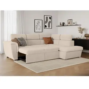 LOUNGITUDE Canapé d'angle droit convertible avec coffre en velours côtelé beige pas cher