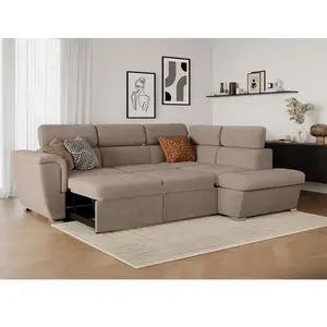 LOUNGITUDE Canapé d'angle droit convertible avec coffre en velours côtelé taupe pas cher