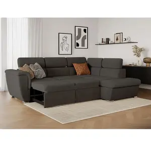 LOUNGITUDE Canapé d'angle droit convertible avec coffre en velours côtelé gris pas cher