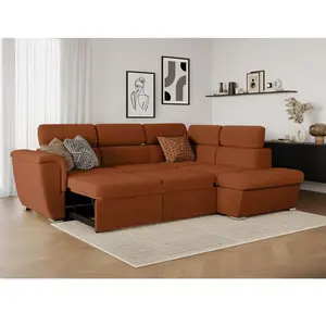 LOUNGITUDE Canapé d'angle droit convertible en velours côtelé terracotta pas cher