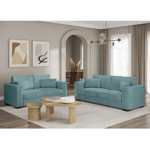 LOUNGITUDE Ensemble canapés 2 places et 3 places en velours côtelé - Bleu clair pas cher