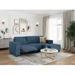 LOUNGITUDE Canapé d'angle droit électrique en velours côtelé - Bleu foncé pas cher