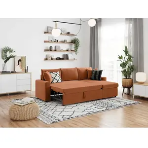 LOUNGITUDE Canapé d'angle convertible coffre marron en velours côtelé terracotta pas cher