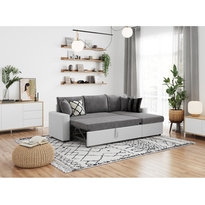 LOUNGITUDE Canapé d'angle convertible coffre marron, simili microfibre blanc/gris pas cher