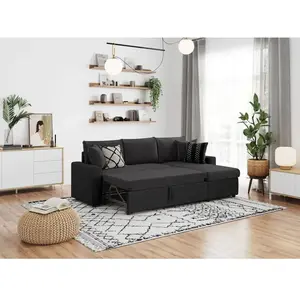 LOUNGITUDE Canapé d'angle 4 places Convertible et Réversible MARIA avec Coffre en simili et microfibre - Noir pas cher