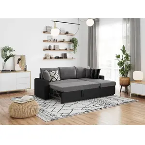 LOUNGITUDE Canapé d'angle convertible coffre marron, simili microfibre gris/noir pas cher