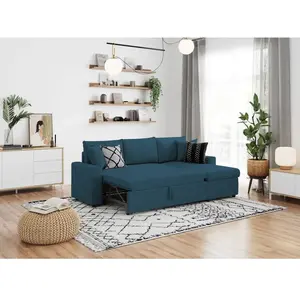 LOUNGITUDE Canapé d'angle 4 places Convertible et Réversible MARIA avec Coffre en tissu - Bleu pas cher