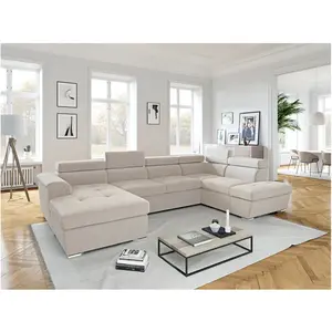 Loungitude Canapé panoramique convertible avec 2 coffres PAOLA en tissu - Beige pas cher