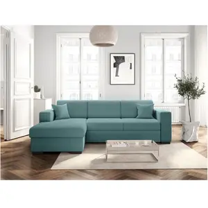 LOUNGITUDE Canapé d'angle FUJI XL convertible avec coffre en velours côtelé - Angle gauche - Bleu clair pas cher