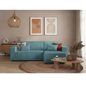 LOUNGITUDE CLARISSE - Canapé d'angle convertible réversible avec coffre en velours côtelé - Bleu clair pas cher
