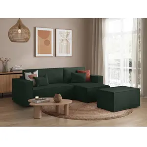 LOUNGITUDE PACK - CLARISSE - Canapé d'angle convertible réversible avec pouf en velours côtelé - Jaune pas cher