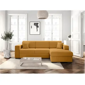LOUNGITUDE Canapé d'angle droit convertible avec coffre en velours côtelé - Jaune pas cher