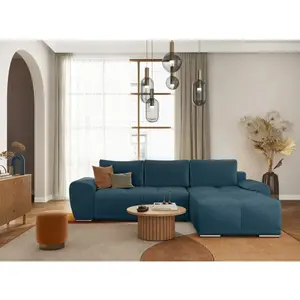 LOUNGITUDE Canapé d'angle droit convertible avec coffre en tissu - Bleu pas cher