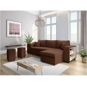 LOUNGITUDE Canapé d'angle MADY convertible avec coffre, rangement poufs à gauche en velours côtelé marron pas cher
