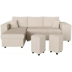 LOUNGITUDE Canapé convertible 2 poufs droit et étagère en velours côtelé - Beige pas cher