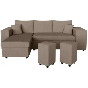 LOUNGITUDE Canapé d'angle MADY convertible avec coffre, rangement poufs à droite en velours côtelé taupe pas cher