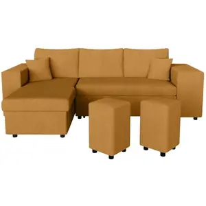 LOUNGITUDE Canapé d'angle MADY convertible avec coffre, rangement poufs à droite en velours côtelé jaune pas cher