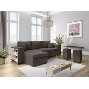 LOUNGITUDE Canapé convertible 2 poufs droit et étagère en velours côtelé - Gris pas cher