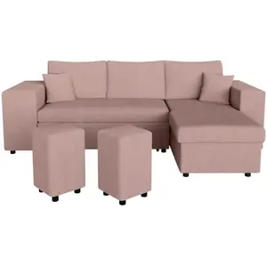 LOUNGITUDE Canapé d'angle MADY convertible avec coffre, rangement poufs à gauche en velours côtelé rose pas cher
