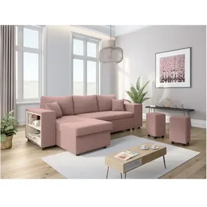LOUNGITUDE Canapé d'angle MADY convertible avec coffre, rangement poufs à droite en velours côtelé rose pas cher