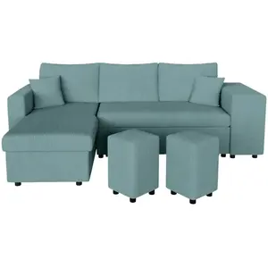 LOUNGITUDE Canapé d'angle réversible convertible OSLO avec coffre, 2 poufs à droite en velours côtelé bleu pas cher