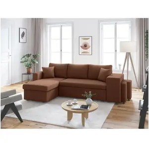 LOUNGITUDE Canapé convertible avec 2 poufs droit en velours côtelé - Marron pas cher