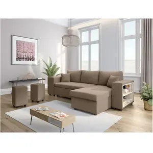 LOUNGITUDE Canapé convertible 2 poufs gauche et étagère en velours côtelé - Taupe pas cher