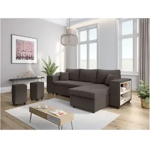 LOUNGITUDE Canapé convertible 2 poufs gauche et étagère en velours côtelé - Gris pas cher