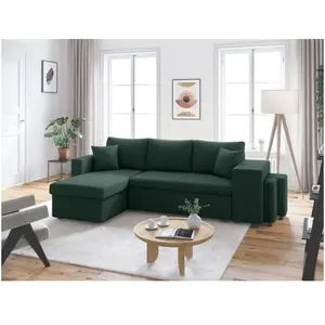 LOUNGITUDE Canapé convertible avec 2 poufs droit en velours côtelé - Vert foncé pas cher