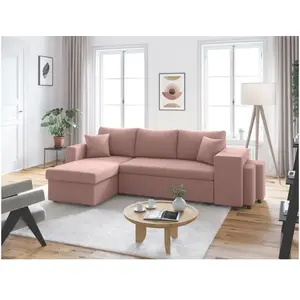 LOUNGITUDE Canapé d'angle réversible convertible OSLO avec coffre, 2 poufs à droite en velours côtelé rose pas cher