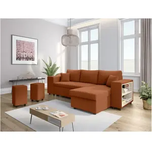 LOUNGITUDE Canapé convertible 2 poufs gauche et étagère velours côtelé Terracotta pas cher