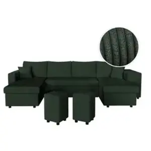LOUNGITUDE Canapé panoramique avec 2 poufs droit en velours côtelé - Vert pas cher