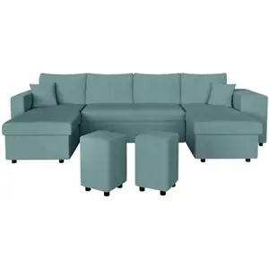 LOUNGITUDE Canapé panoramique OSLO convertible avec 2 coffres, 2 poufs à droite en velours côtelé bleu clair pas cher