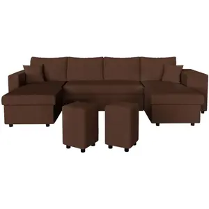 LOUNGITUDE Canapé panoramique OSLO convertible avec 2 coffres, 2 poufs à droite en velours côtelé marron pas cher