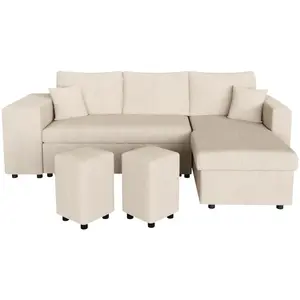 LOUNGITUDE Canapé convertible avec 2 poufs gauche en velours côtelé - Beige