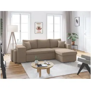 LOUNGITUDE Canapé d'angle réversible convertible OSLO avec coffre, 2 poufs à gauche en velours côtelé taupe pas cher