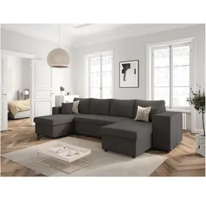 LOUNGITUDE Canapé panoramique OSLO convertible avec 2 coffres, 2 poufs à droite en velours côtelé gris foncé pas cher