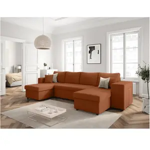 LOUNGITUDE Canapé panoramique OSLO convertible avec 2 coffres, 2 poufs à droite en velours côtelé terracotta pas cher